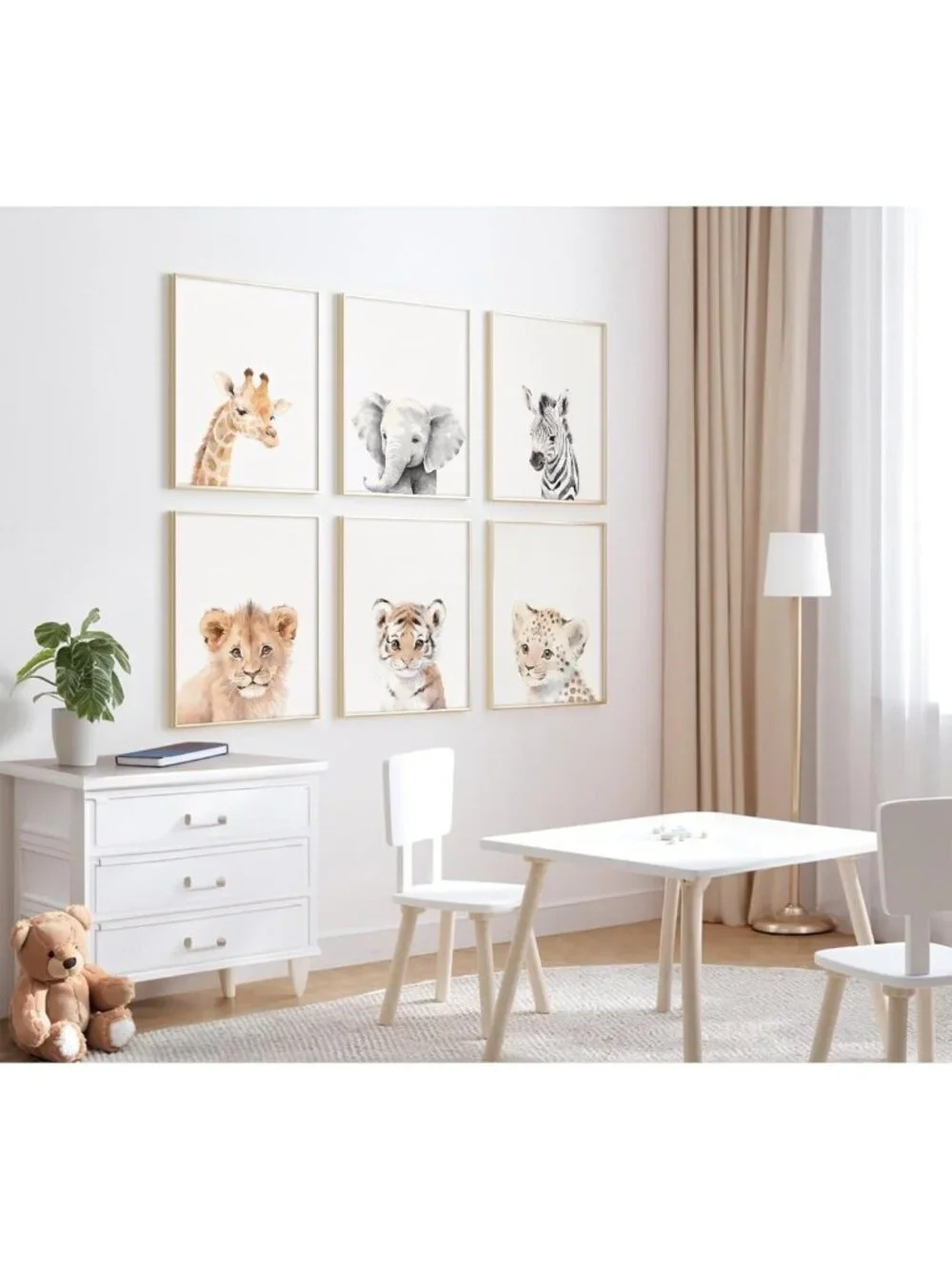 Safari Animal Wall Art Set of 6 - Jungle Nursery Decor for Baby Room, 12x16 Inch